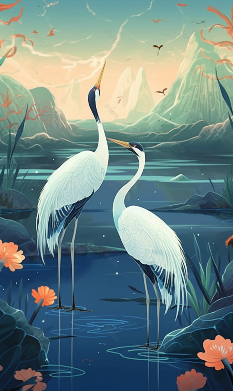 蓝色池塘站着的白鹤风景插画,插画/手绘图,插画/手绘图库,插画/手绘图下载,插画/手绘